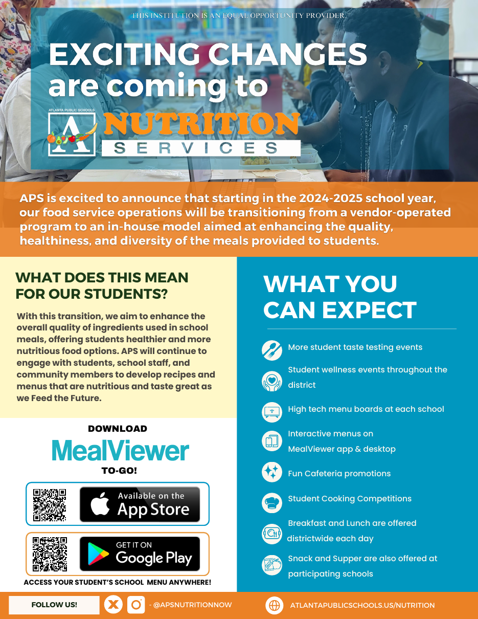 Two-page APS flyer explaining the transition to an in-house nutrition program, including MealViewer app download instructions