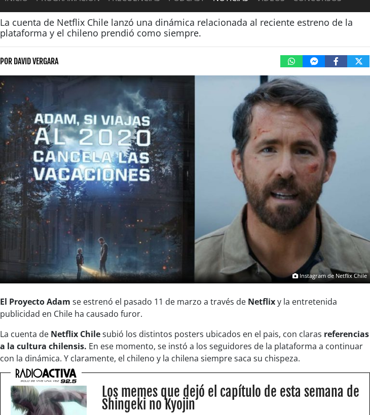 Press capture documenting Netflix Chile's Adam, si viajas campaign graphics and social activation