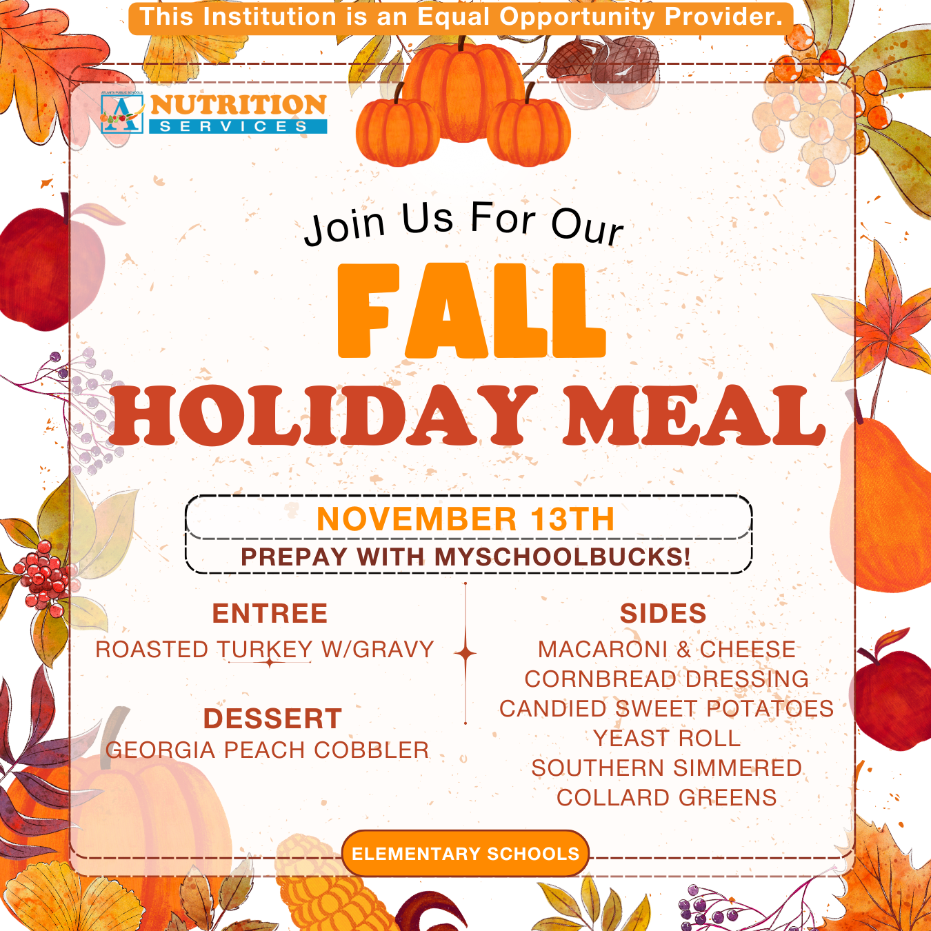 APS Nutrition Services fall holiday meal menu