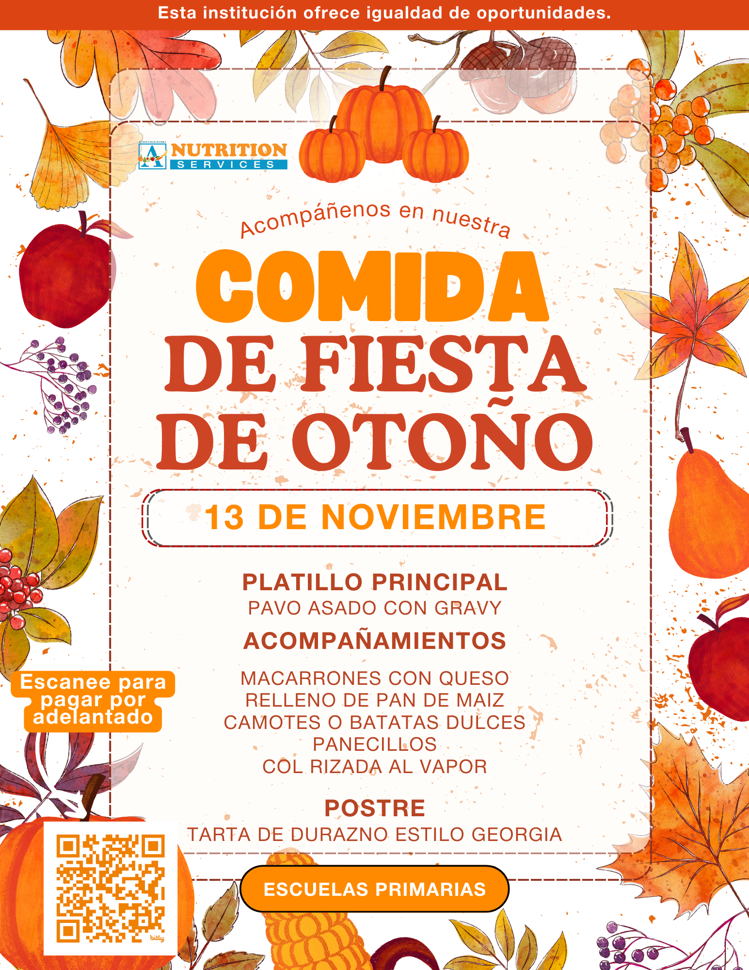Spanish-language elementary Fall Holiday Meal flyer for November 13