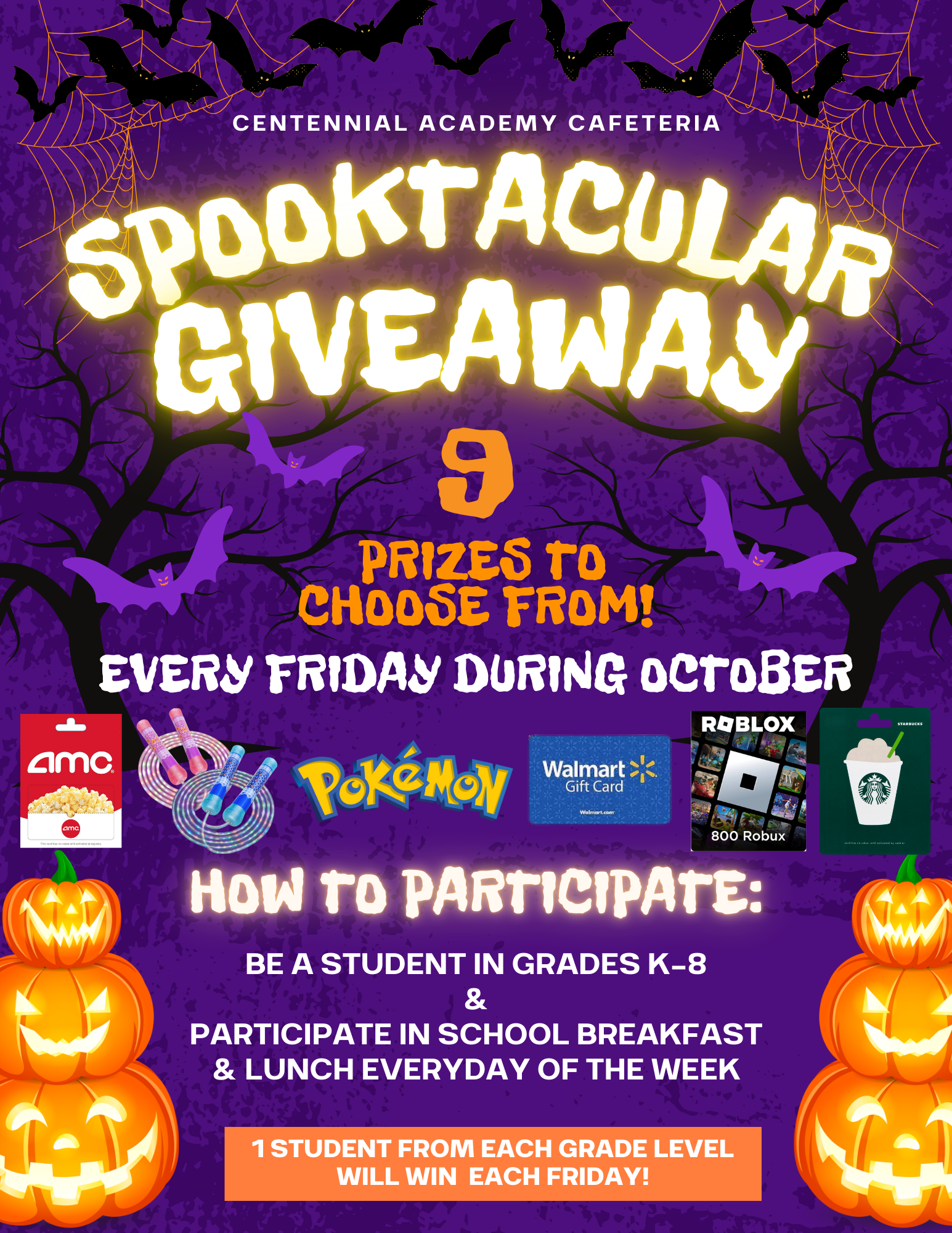 Purple Centennial Academy Spooktacular Giveaway poster inviting K–8 students to participate in breakfast and lunch