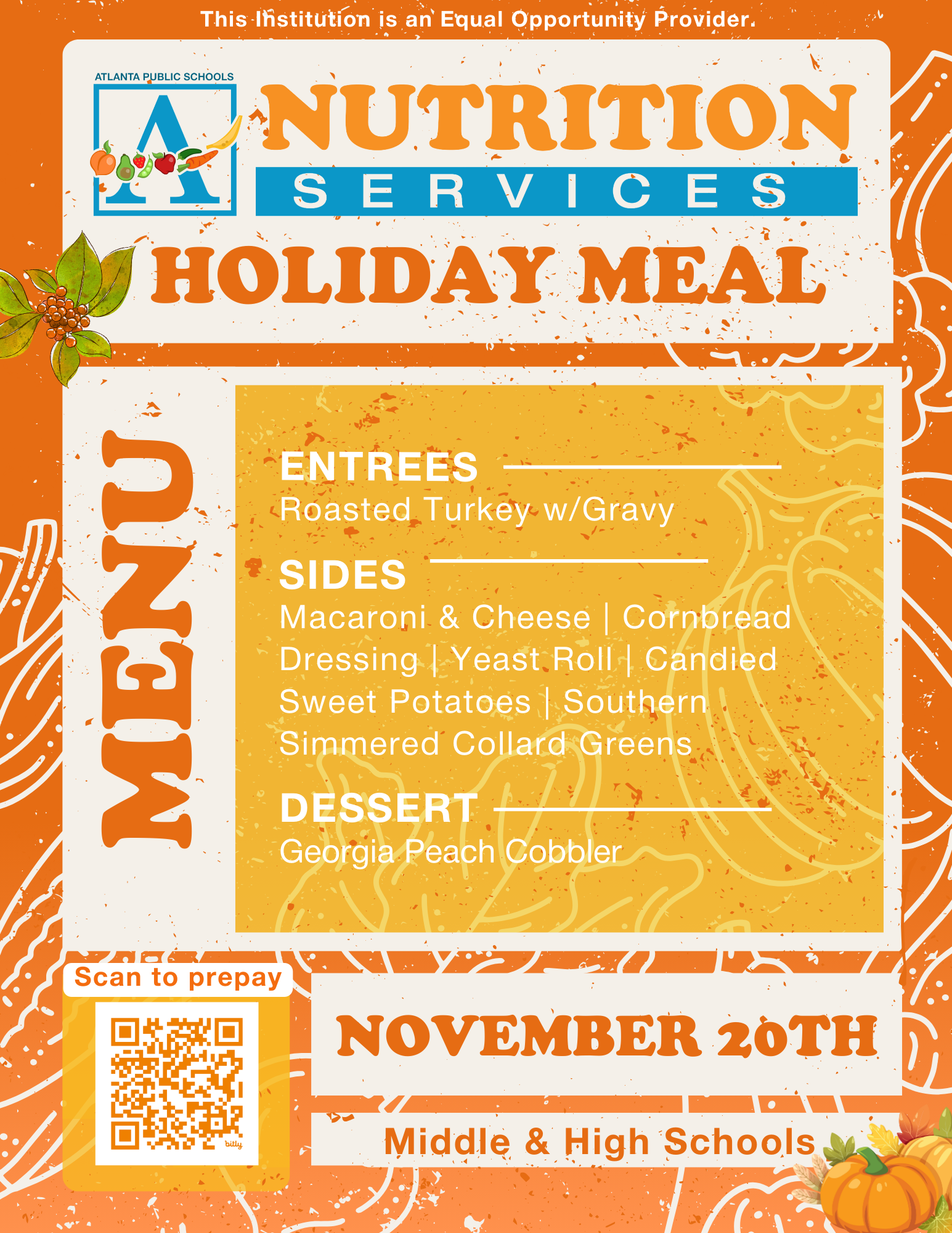 APS Nutrition Services Holiday Meal flyer for middle and high schools on November 20