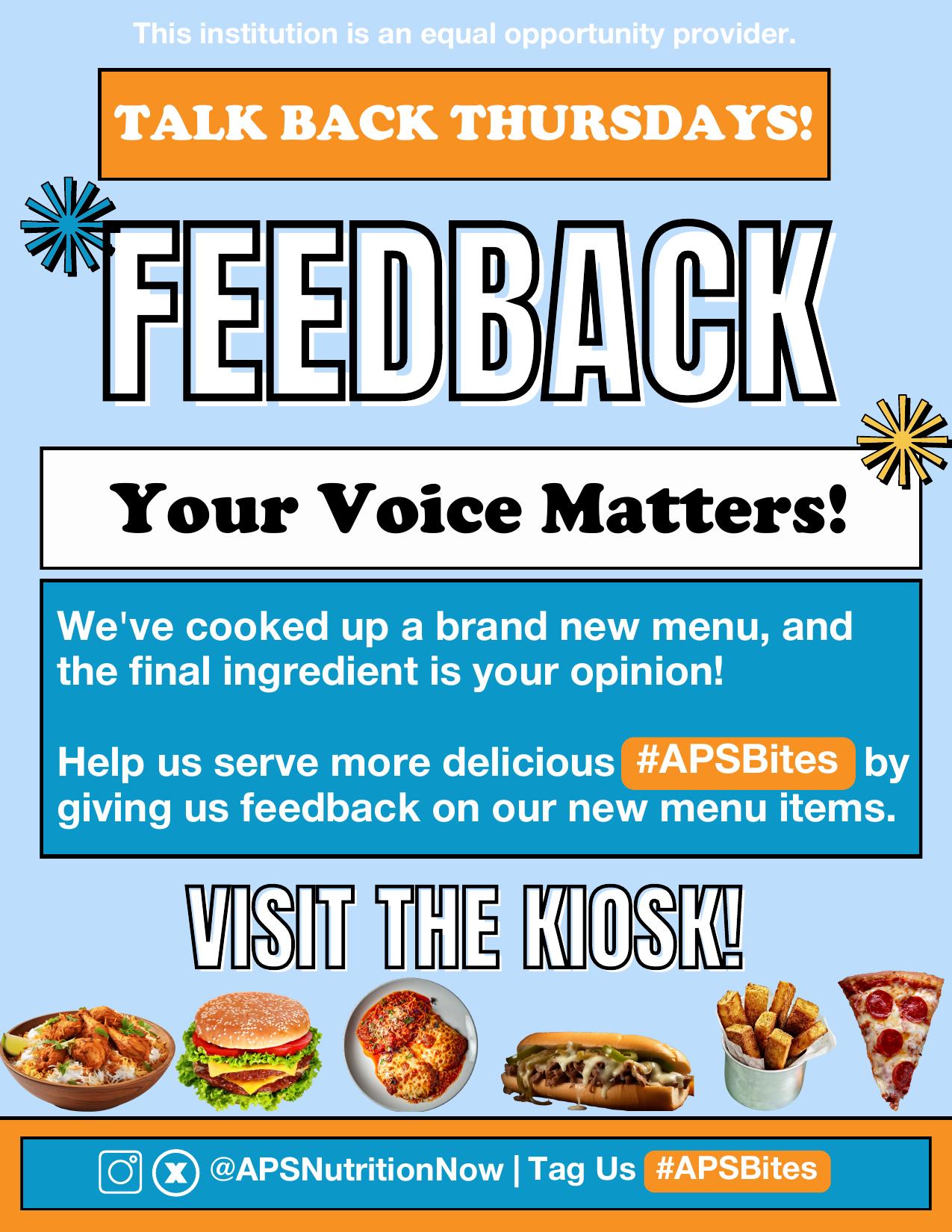 Talk Back Thursdays flyer asking students to review new APS menu items at cafeteria kiosks