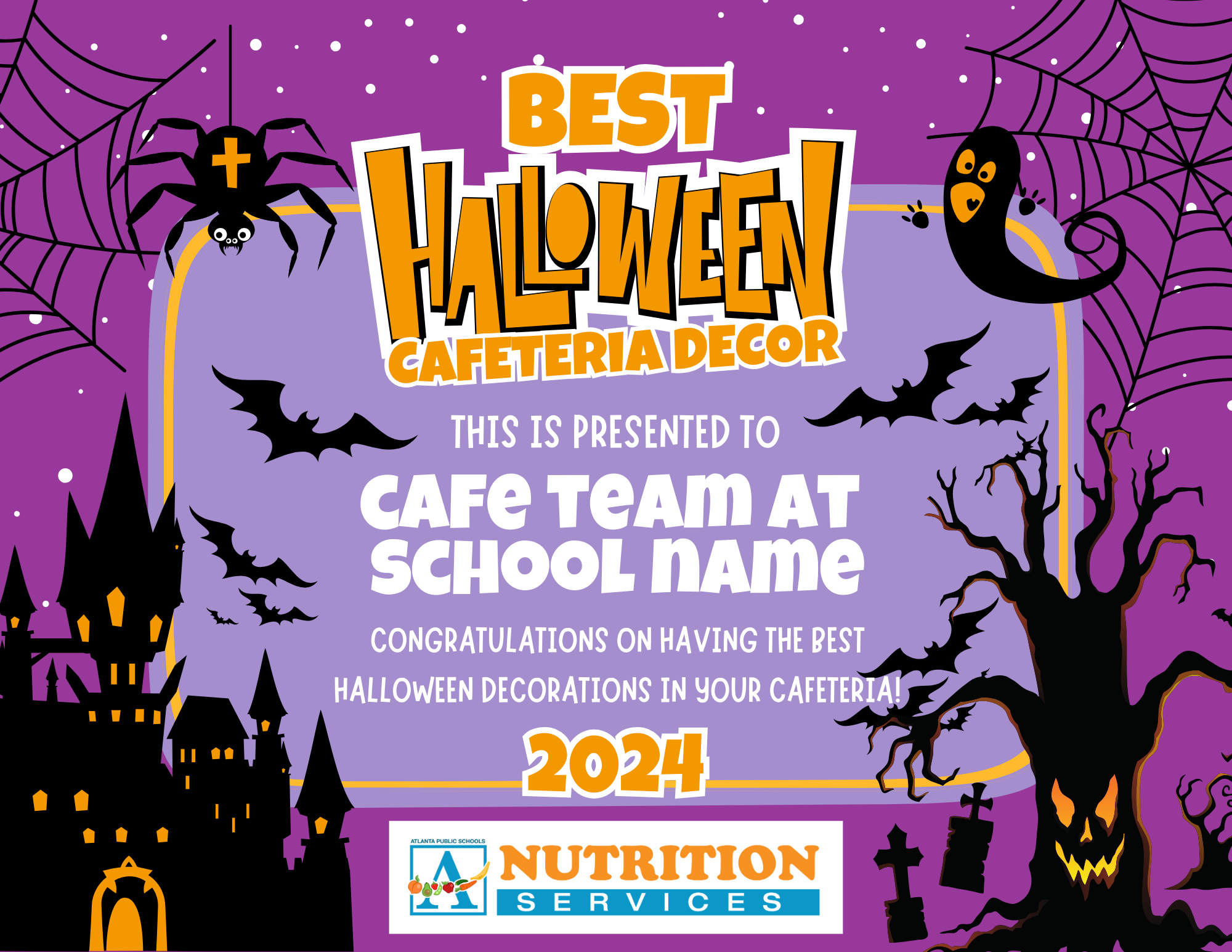 Best Halloween Cafeteria Decor certificate created for APS Nutrition Services cafe teams